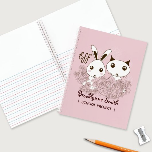 かわいい子猫 ウサギ 動物の友達 ピンクの女の子 キッズ ノートブック
