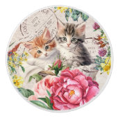 かわいい子猫 カラフルな花 スタンプ 家具 セラミックノブ (正面)