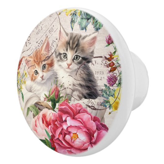 かわいい子猫 カラフルな花 スタンプ 家具 セラミックノブ (右)