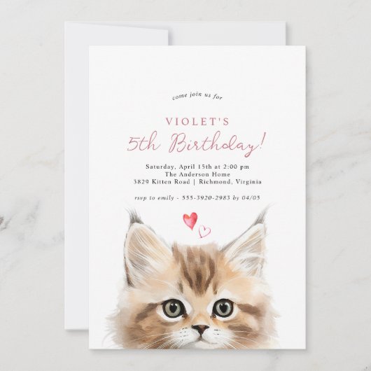 かわいい子猫 |ガールズピンクキティ猫バースデーパーティー 招待状 (正面)