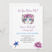 かわいい子猫 ピンクとパープルの女の子の赤ちゃんお披露目パーティー招待状 招待状 (正面/裏面)