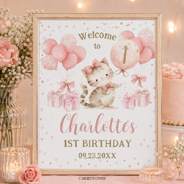かわいい子猫 ピンクの風船 1歳 2歳 3歳 誕生日 ポスター