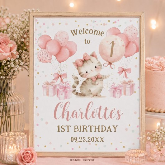 かわいい子猫 ピンクの風船 1歳 2歳 3歳 誕生日 ポスター