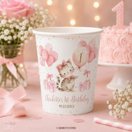 かわいい子猫 ピンクの風船 1歳 2歳 3歳 誕生日 紙コップ