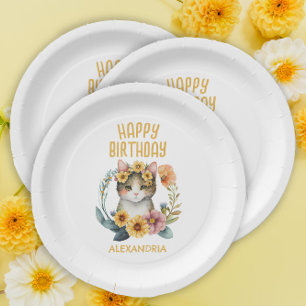 かわいい子猫+女の子の誕生日おめでとう ペーパープレート