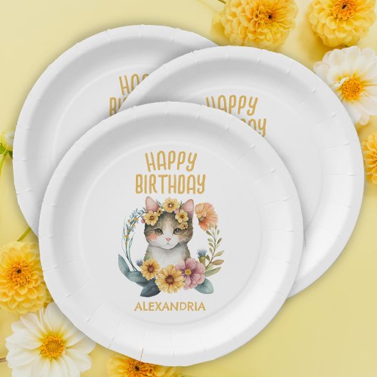 かわいい子猫+女の子の誕生日おめでとう ペーパープレート