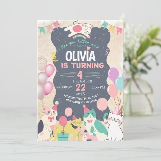 かわいい子猫/猫パワティ誕生日パーティー 招待状 (スタンド正面)