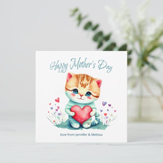 かわいい子猫 赤いハート 母の日カード (スタンド正面)