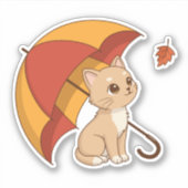 かわいい子猫 赤黄色の傘 秋 シール (正面)