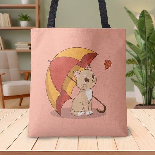 かわいい子猫 赤黄色の傘 秋 ピンク トートバッグ