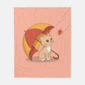 かわいい子猫 赤黄色の傘 秋 ピンク フリースブランケット (正面)