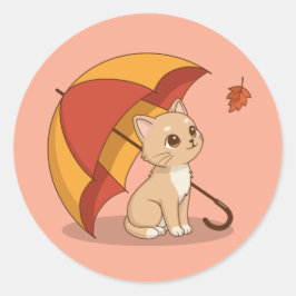 かわいい子猫 赤黄色の傘 秋 ピンク ラウンドシール