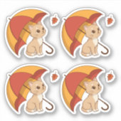 かわいい子猫 赤黄色の傘 秋 4枚セット シール (正面)