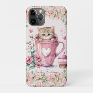 かわいい子猫inカップ赤面ピンクのバラ花 iPhone 11 proケース