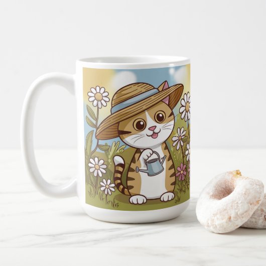 かわいい子猫inサンハットと花 コーヒーマグカップ (ドーナツ)