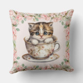 かわいい子猫inティーカップ赤面ピンクフローラ クッション (裏面)