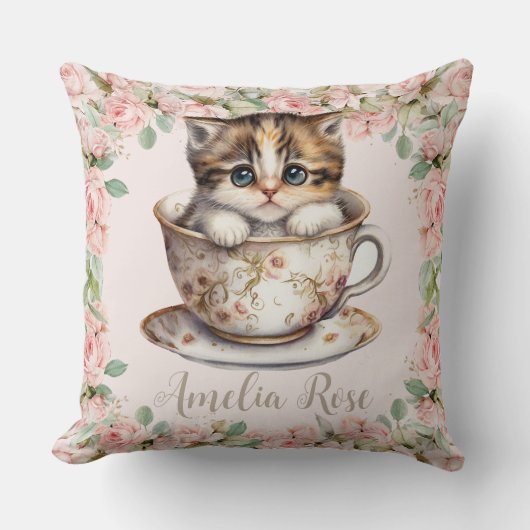 かわいい子猫inティーカップ赤面ピンクフローラ クッション (正面)
