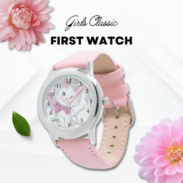 かわいい子猫PInkフラワーガールズファースト 腕時計 (GIRLS CLASSIC PINK KITTEN FLORAL FIRST WATCH)