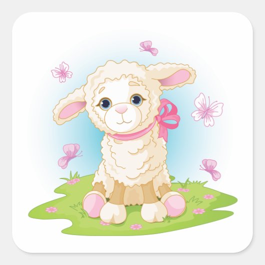 かわいい子羊とピンクの蝶の正方形ステッカー スクエアシール (正面)