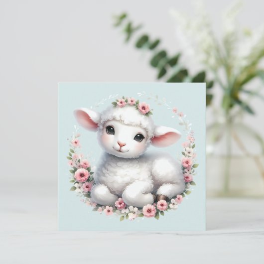 かわいい子羊とフローラクラウンイラストレーション カード (スタンド正面)