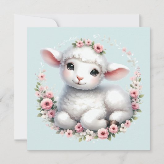 かわいい子羊とフローラクラウンイラストレーション カード (正面)