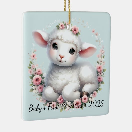 かわいい子羊とフローラクラウンイラストレーション セラミックオーナメント (右)