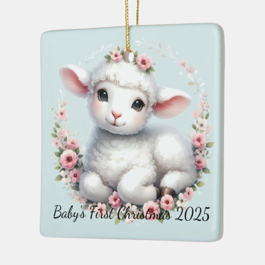 かわいい子羊とフローラクラウンイラストレーション セラミックオーナメント (左)