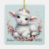 かわいい子羊とフローラクラウンイラストレーション セラミックオーナメント (裏面)