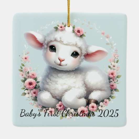 かわいい子羊とフローラクラウンイラストレーション セラミックオーナメント (裏面)