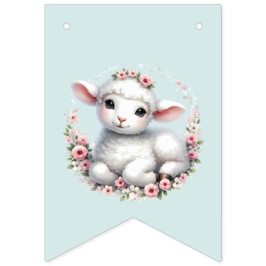 かわいい子羊とフローラクラウンイラストレーション バンティングフラッグ (第3の旗)