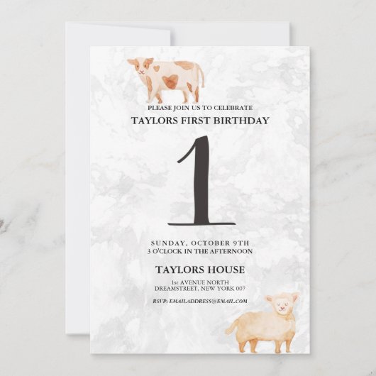 かわいい子羊と牛の畜生動物1st誕生日パーティー 招待状 (正面)