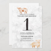 かわいい子羊と牛の畜生動物1st誕生日パーティー 招待状 (正面/裏面)