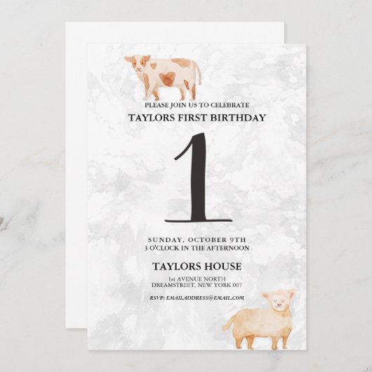 かわいい子羊と牛の畜生動物1st誕生日パーティー 招待状 (正面/裏面)