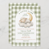 かわいい子羊のベイビーシャワー ボヘミアングリーンギンガム 招待状 (正面/裏面)