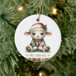 かわいい子羊の初めてのクリスマス記念写真 セラミックオーナメント