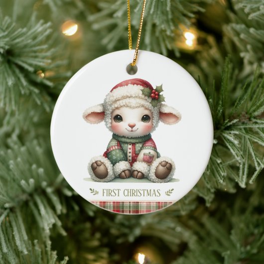 かわいい子羊の初めてのクリスマス記念写真 セラミックオーナメント (ツリー)