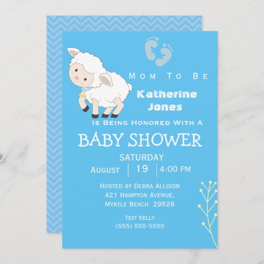 かわいい子羊の男の子の赤ちゃんシャワー 招待状 (正面/裏面)