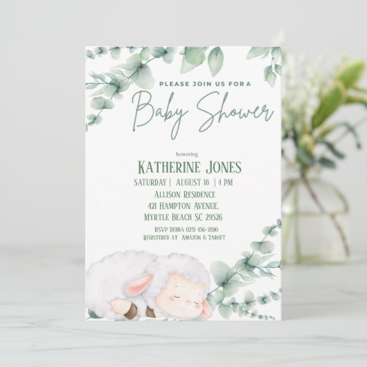 かわいい子羊の緑の赤ちゃんシャワー 招待状 (スタンド正面)