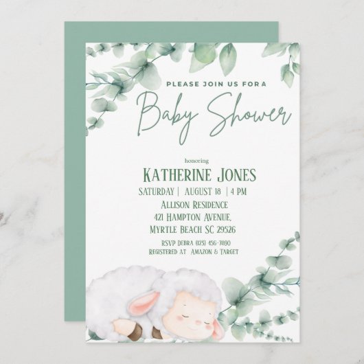 かわいい子羊の緑の赤ちゃんシャワー 招待状 (正面/裏面)