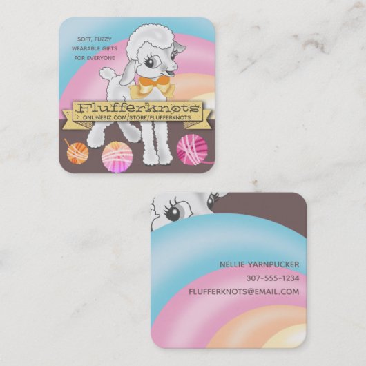 かわいい子羊の羊毛の編み物クロシェ糸ビジネス スクエア名刺 (正面/裏面)