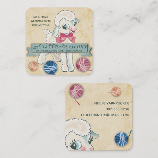 かわいい子羊の羊毛の編み物クロシェ糸ビジネス スクエア名刺 (正面/裏面)