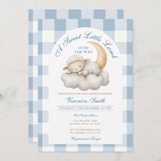 かわいい子羊の赤ちゃんシャワーBoho Blueギンガム 招待状 (正面/裏面)