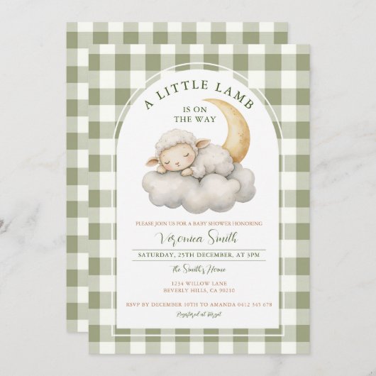かわいい子羊の赤ちゃんシャワーBoho green gingham 招待状 (正面/裏面)
