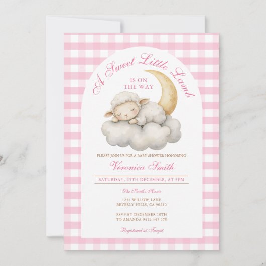 かわいい子羊の赤ちゃんシャワーBoho Pinkギンガム 招待状 (正面)
