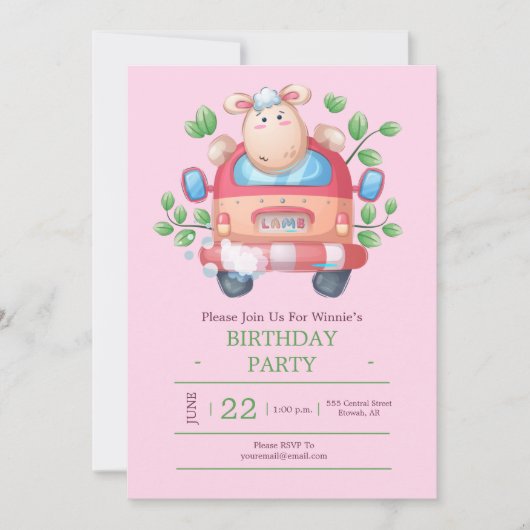 かわいい子羊の車のパーティの招待状 招待状 (正面)