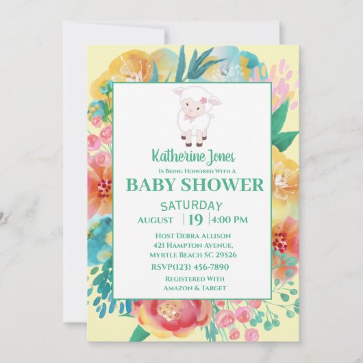 かわいい子羊イエローグリーンフローラベビーシャワー 招待状 (正面)