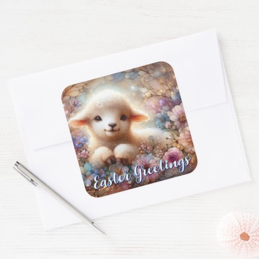 かわいい子羊イースターグリーティングフローラシール スクエアシール (封筒)