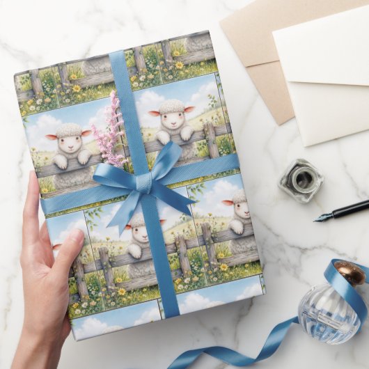 かわいい子羊オンファームフェンス ラッピングペーパー (ギフト)