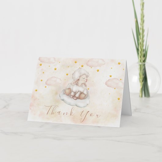 かわいい子羊ピンクのダスト星ベビーシャワーありがとう 箔グリーティングカード (正面)