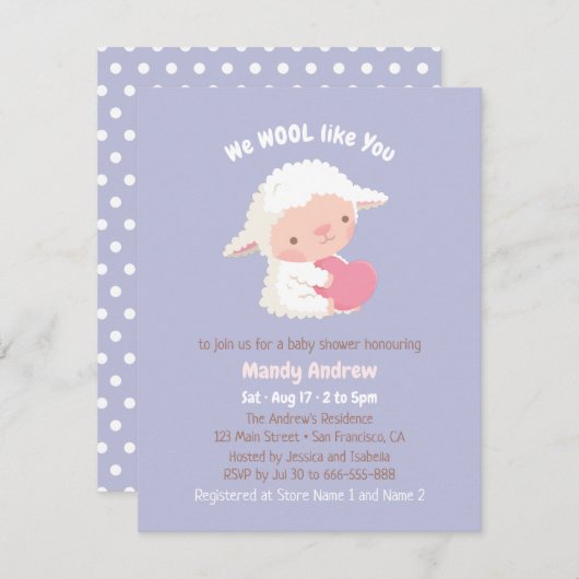 かわいい子羊抱きハートのベビーシャワー 招待状 (正面/裏面)